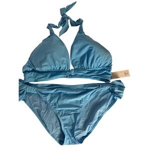 Stylish Swimwear Light Blue Ruched Halter Bikini Set Plus Size 3XL New With Tags
